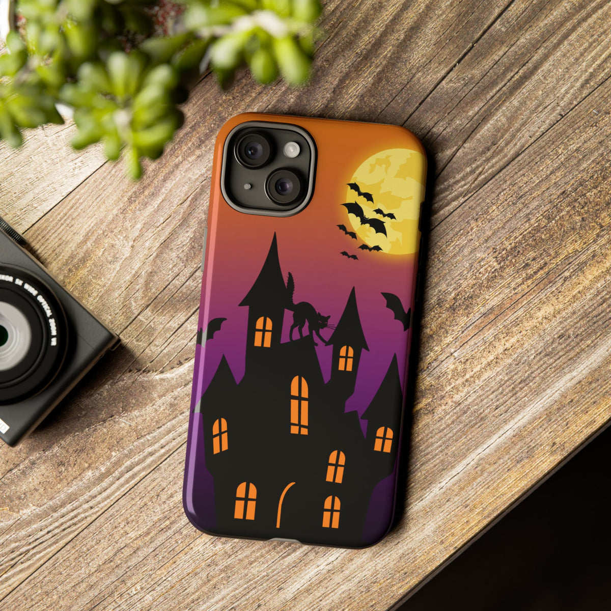 Halloween Haunted Castle Tough Phone Case — Moon, Bats & Cat iPhone Cover