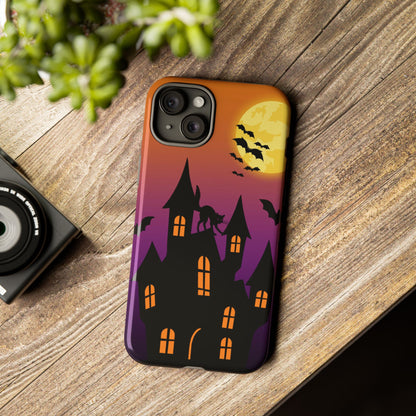 Halloween Haunted Castle Tough Phone Case — Moon, Bats & Cat iPhone Cover