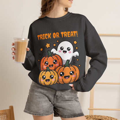 Halloween "Trick or Treat" Sweatshirt — Cute Ghost & Pumpkins Crewneck