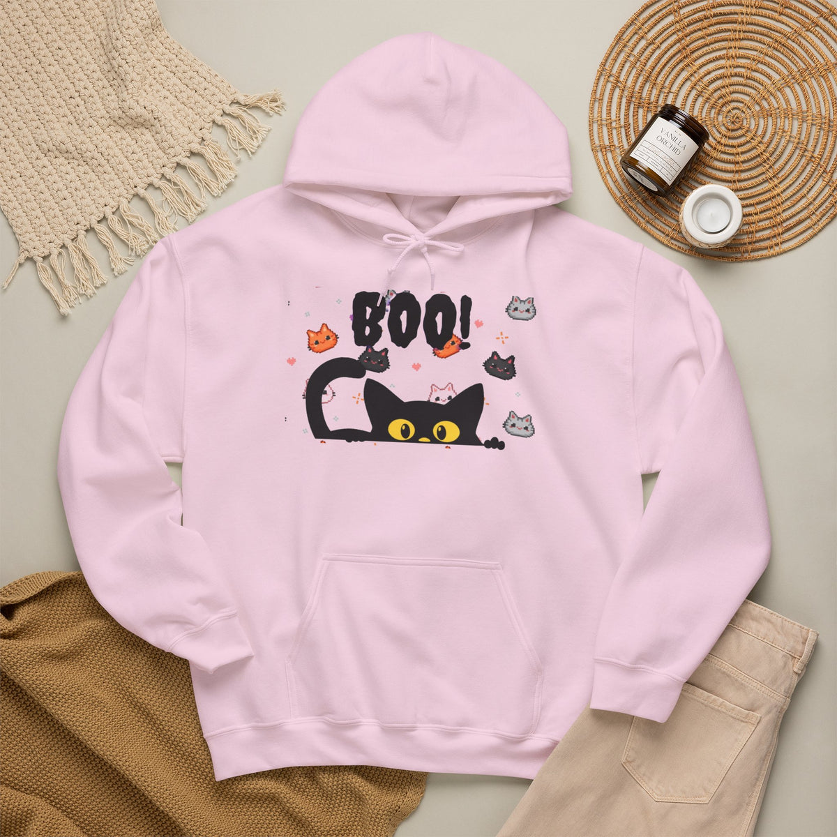 Halloween Cat 'Boo' Hoodie – Cute Spooky Black Cat Pullover