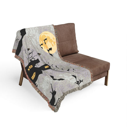 Haunted House Halloween Woven Blanket — Spooky Moon & Bats Throw