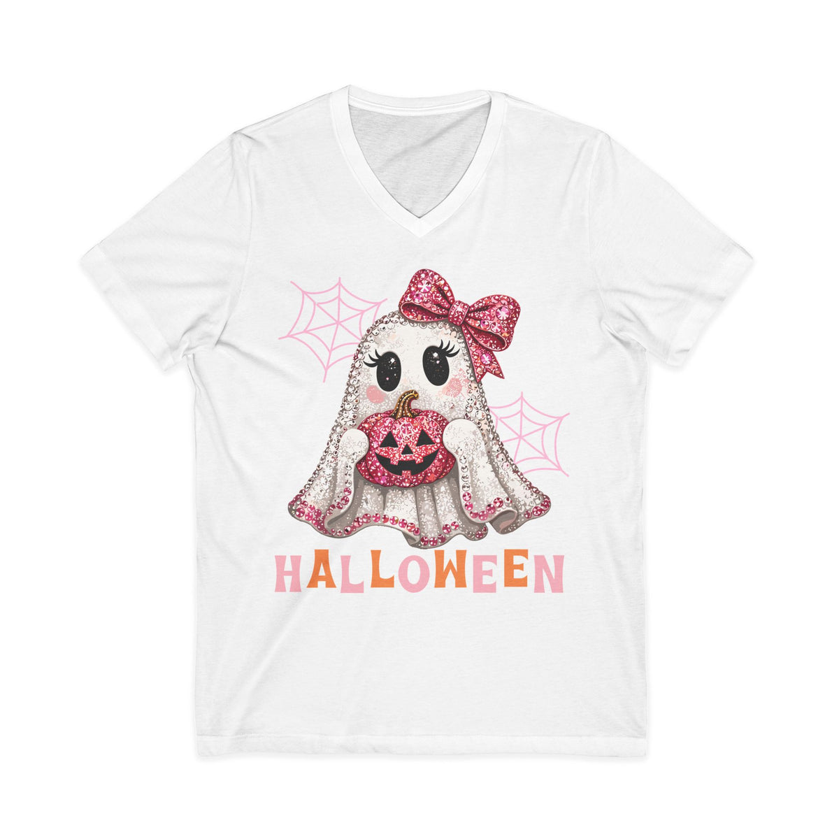 Cute Pink Ghost Halloween V-Neck Tee – Glitter Bow Trick-or-Treat Shirt