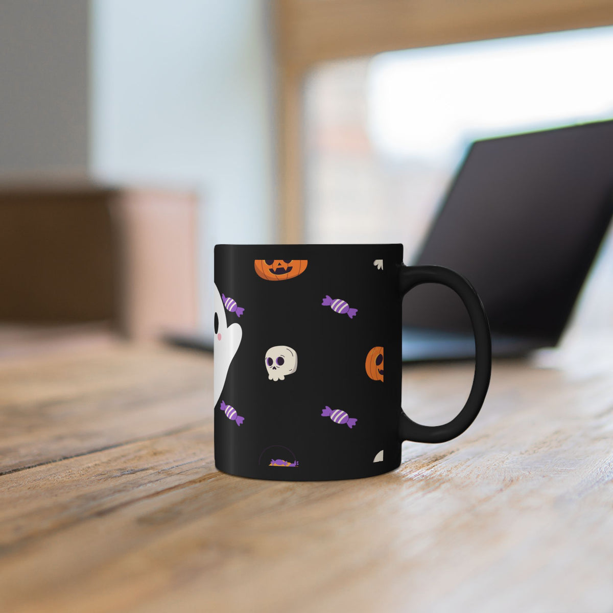 Halloween Ghost Candy Black Mug — Cute Spooky Coffee Cup (11oz & 15oz)