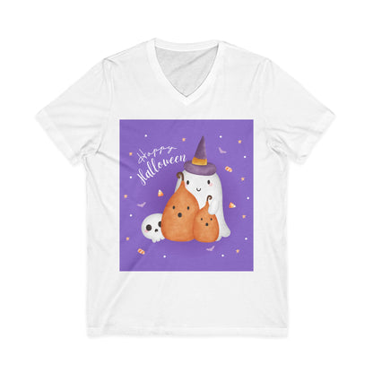 Halloween Ghosts V-Neck Tee — Cute 'Happy Halloween' Ghost & Pumpkins