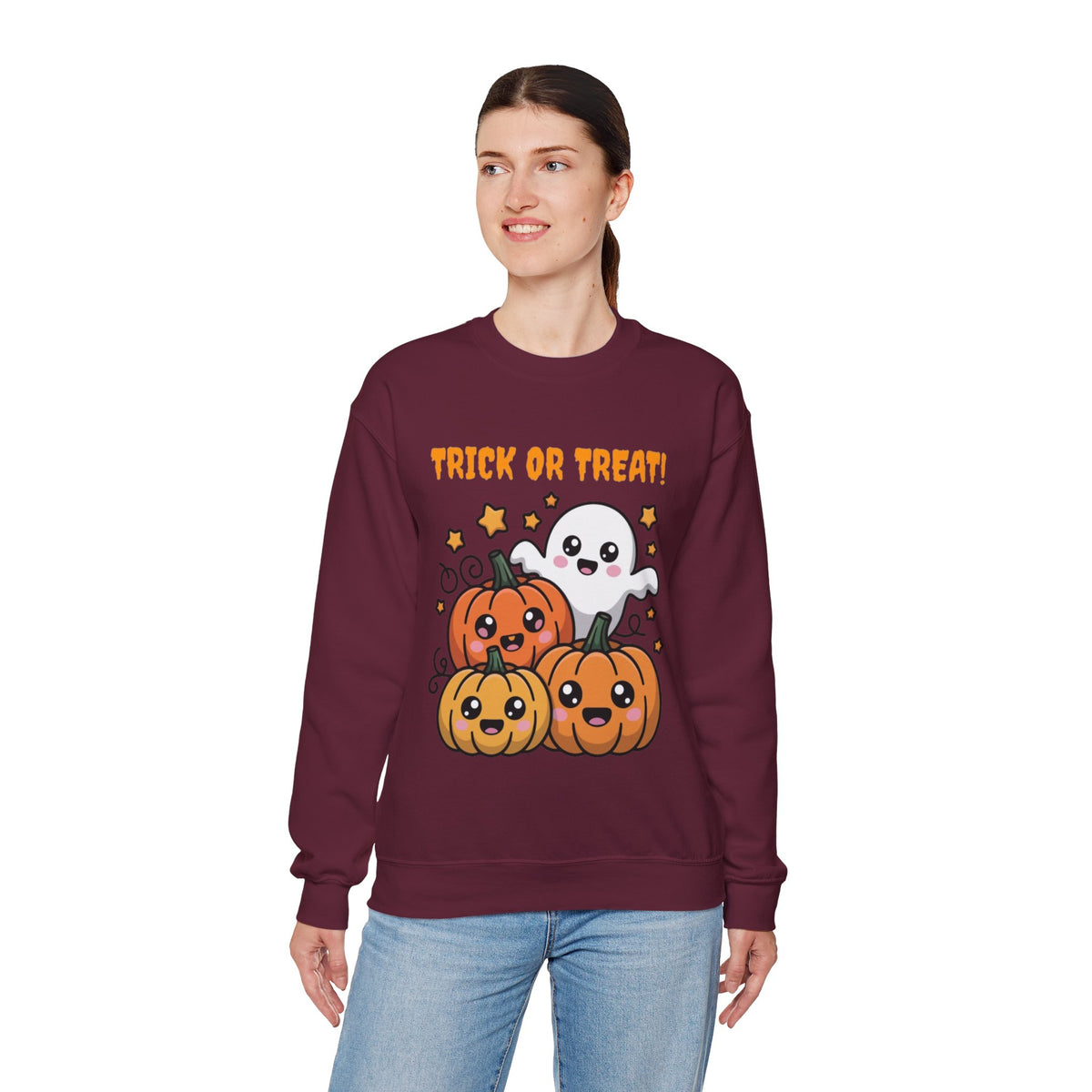 Halloween "Trick or Treat" Sweatshirt — Cute Ghost & Pumpkins Crewneck