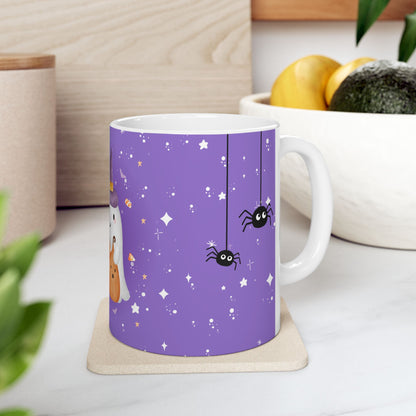 Halloween Ghost & Pumpkins Ceramic Mug — "Happy Halloween" Cute Spooky Coffee Cup (11oz/15oz)