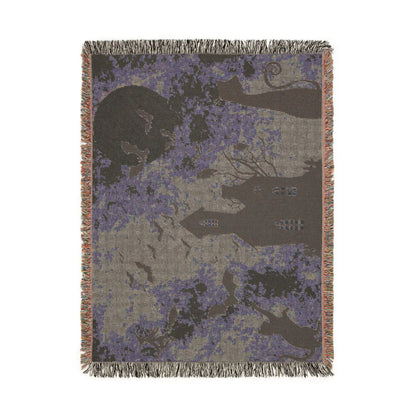 Haunted House Halloween Woven Blanket — Spooky Moon & Bats Throw