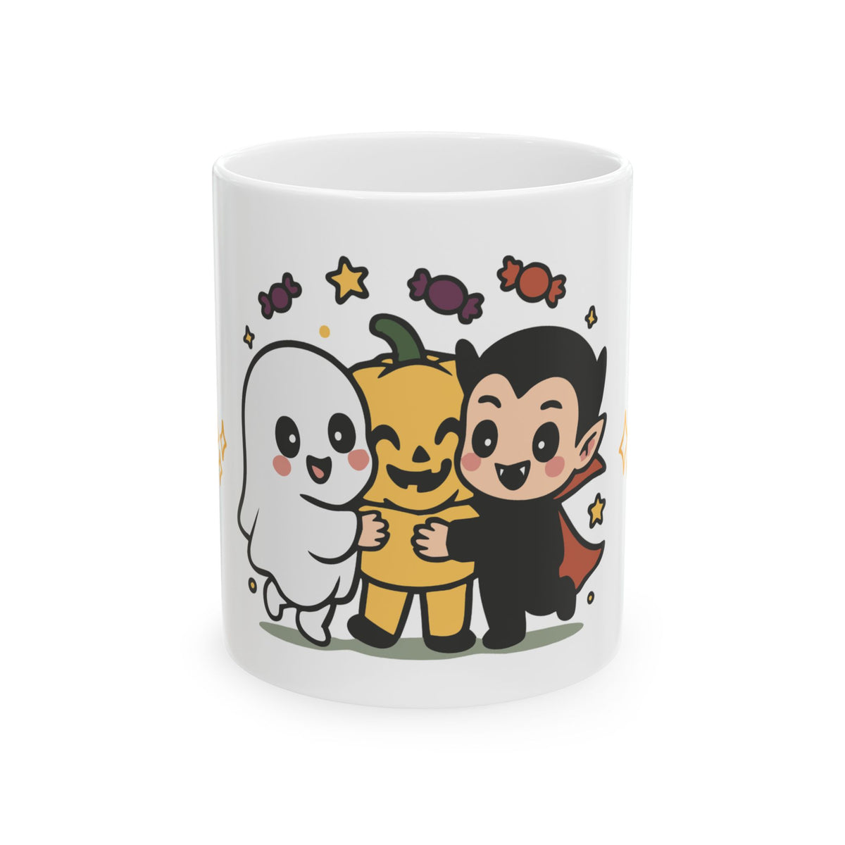 Cute Halloween Friends Ceramic Mug — Ghost, Pumpkin & Vampire Coffee Cup (11oz/15oz)