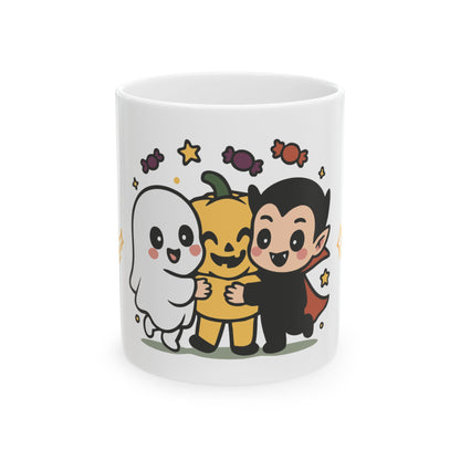 Cute Halloween Friends Ceramic Mug — Ghost, Pumpkin & Vampire Coffee Cup (11oz/15oz)