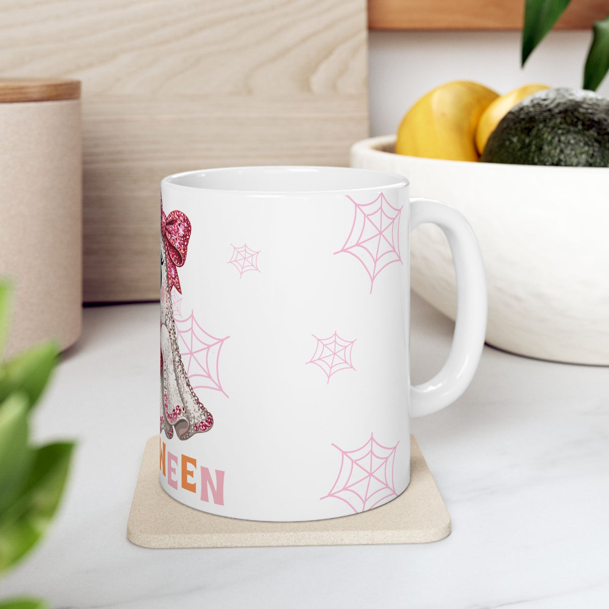 Cute Pink Ghost Halloween Mug — Sparkly Bow Pumpkin Coffee Cup (11oz & 15oz)