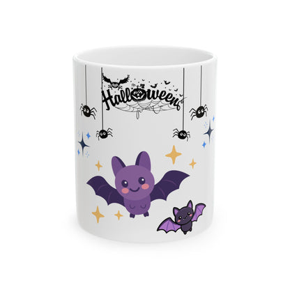 Halloween Cute Bat Ceramic Mug (11oz & 15oz) — Kawaii Purple Bats & Spiders