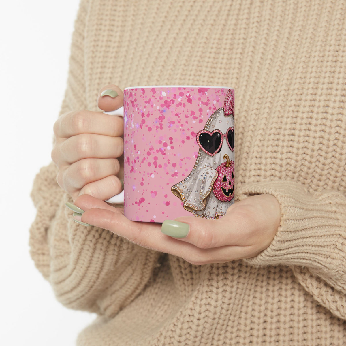 Pink Glitter Ghost Halloween Mug — Cute Ghost with Heart Sunglasses & Pumpkin