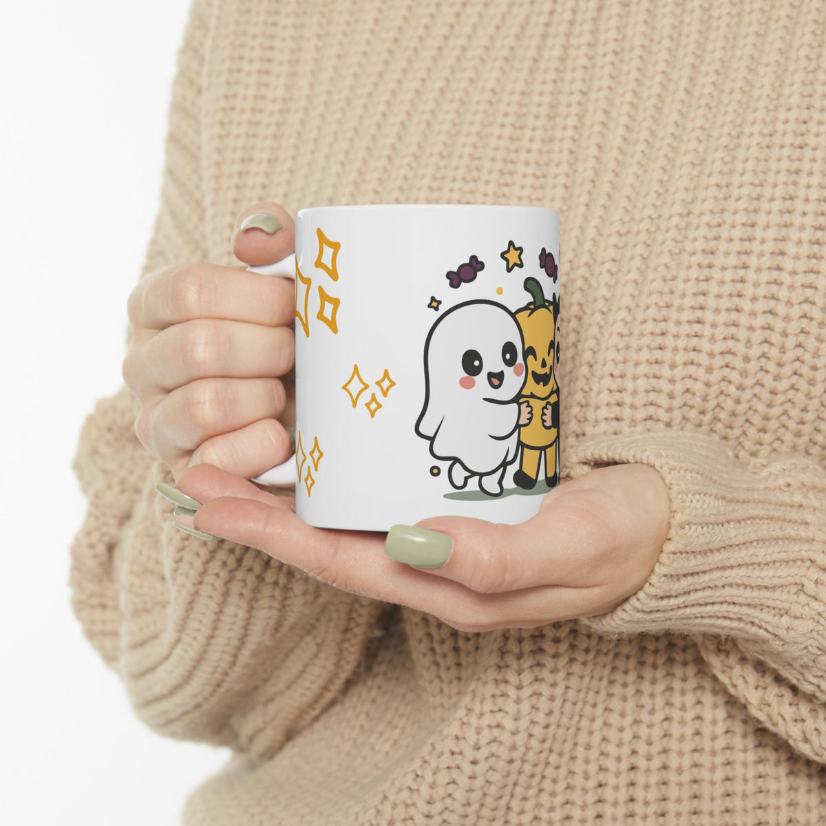 Cute Halloween Friends Ceramic Mug — Ghost, Pumpkin & Vampire Coffee Cup (11oz/15oz)