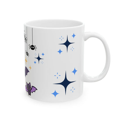 Halloween Cute Bat Ceramic Mug (11oz & 15oz) — Kawaii Purple Bats & Spiders