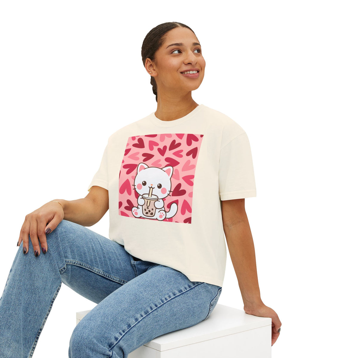 Cute Cat Bubble Tea Boxy Tee — Kawaii Heart Graphic Women's Crop T‑Shirt