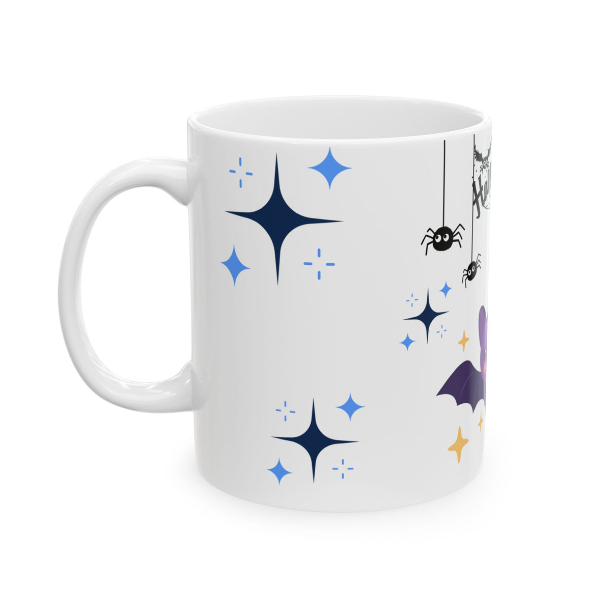 Halloween Cute Bat Ceramic Mug (11oz & 15oz) — Kawaii Purple Bats & Spiders