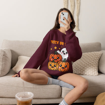 Halloween "Trick or Treat" Sweatshirt — Cute Ghost & Pumpkins Crewneck