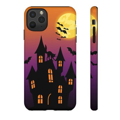Halloween Haunted Castle Tough Phone Case — Moon, Bats & Cat iPhone Cover