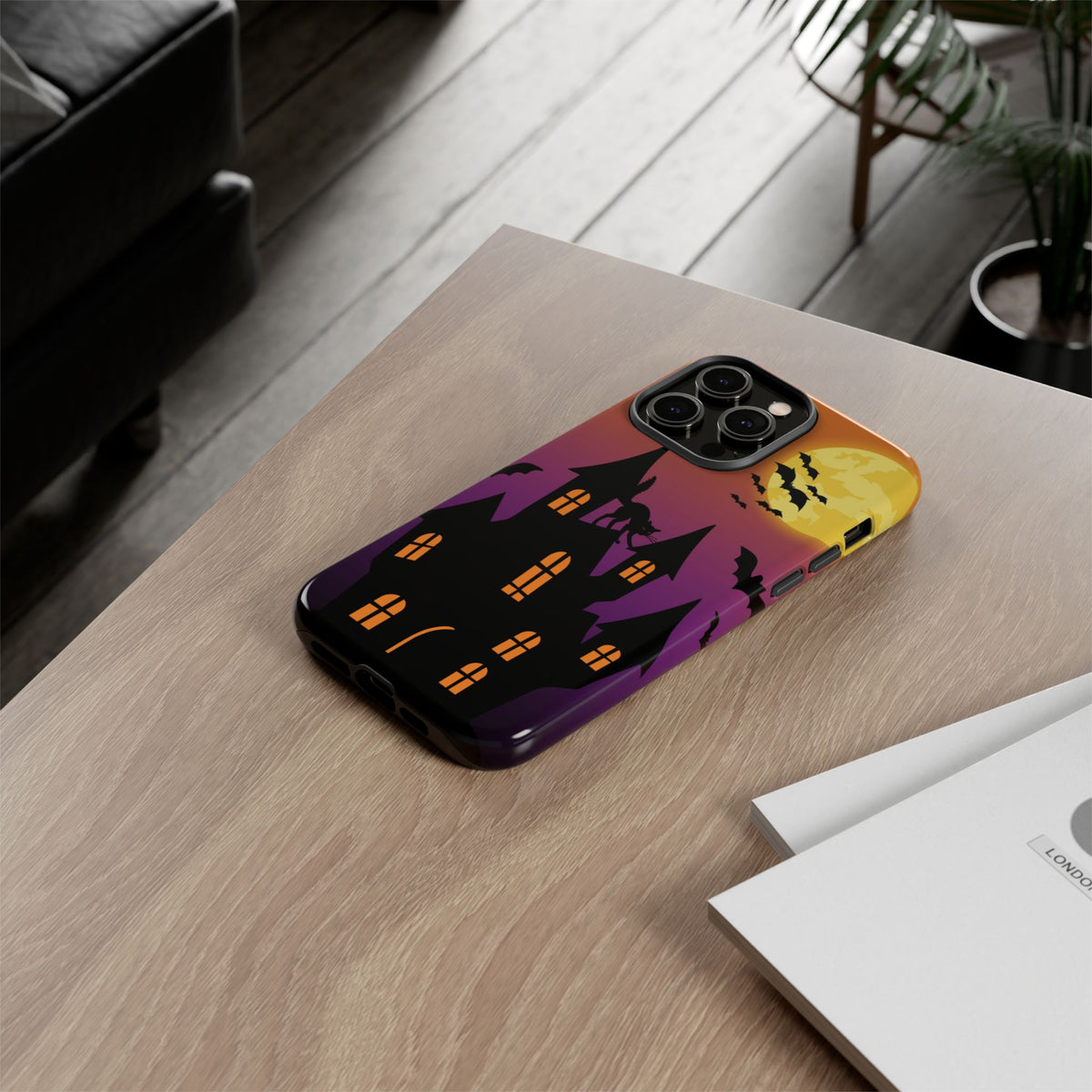 Halloween Haunted Castle Tough Phone Case — Moon, Bats & Cat iPhone Cover
