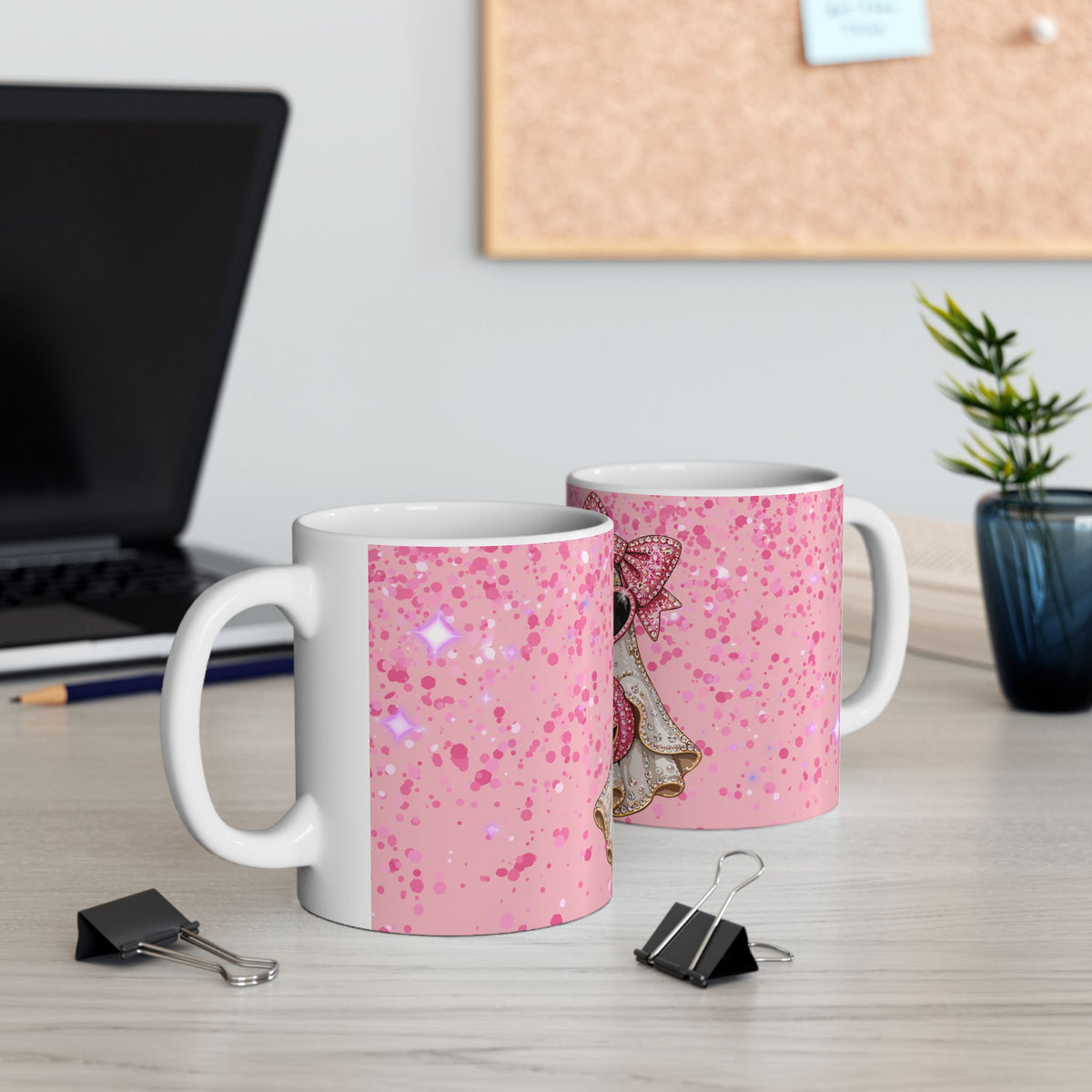 Pink Glitter Ghost Halloween Mug — Cute Ghost with Heart Sunglasses & Pumpkin