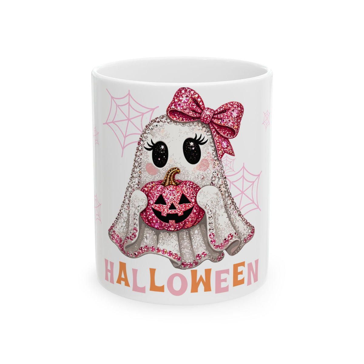 Cute Pink Ghost Halloween Mug — Sparkly Bow Pumpkin Coffee Cup (11oz & 15oz)
