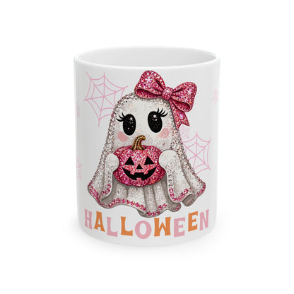 Cute Pink Ghost Halloween Mug — Sparkly Bow Pumpkin Coffee Cup (11oz & 15oz)