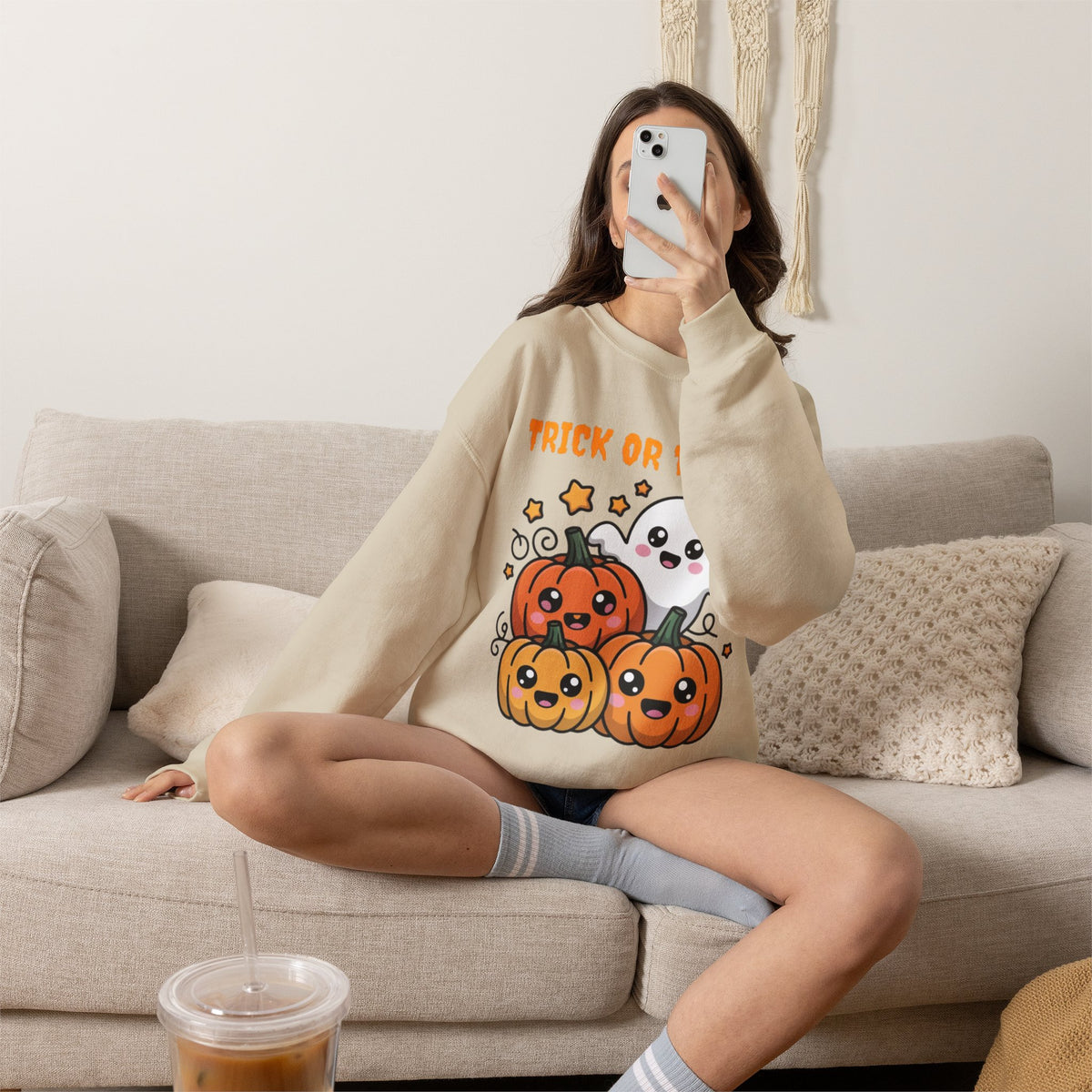 Halloween "Trick or Treat" Sweatshirt — Cute Ghost & Pumpkins Crewneck