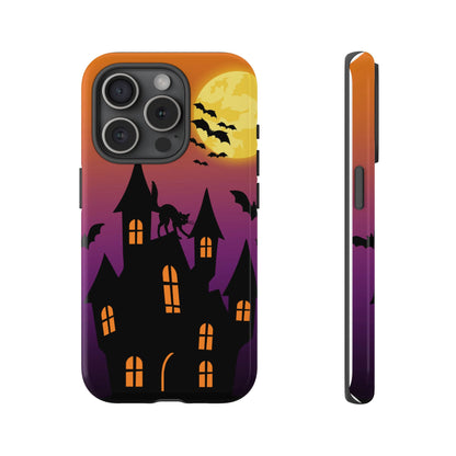 Halloween Haunted Castle Tough Phone Case — Moon, Bats & Cat iPhone Cover