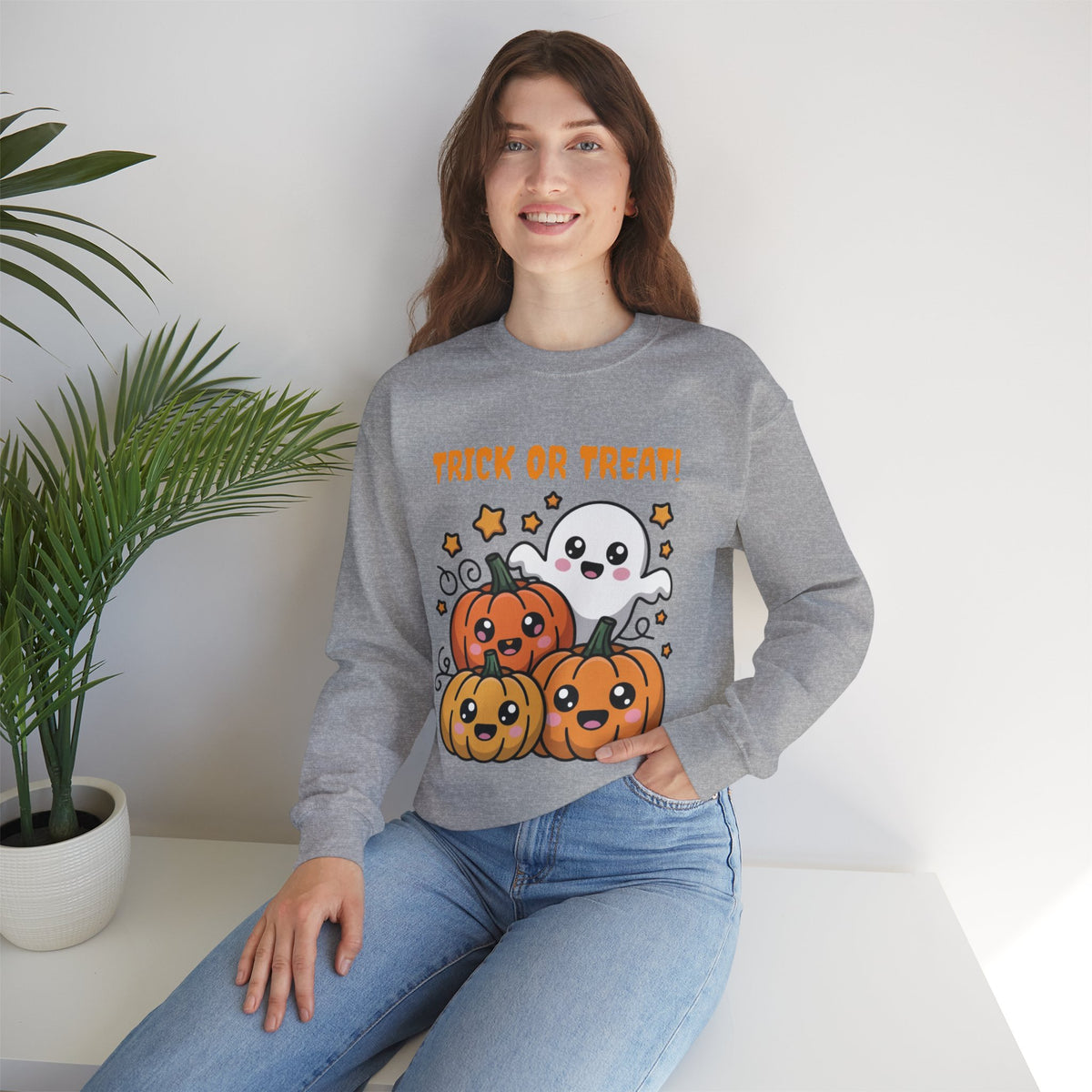 Halloween "Trick or Treat" Sweatshirt — Cute Ghost & Pumpkins Crewneck