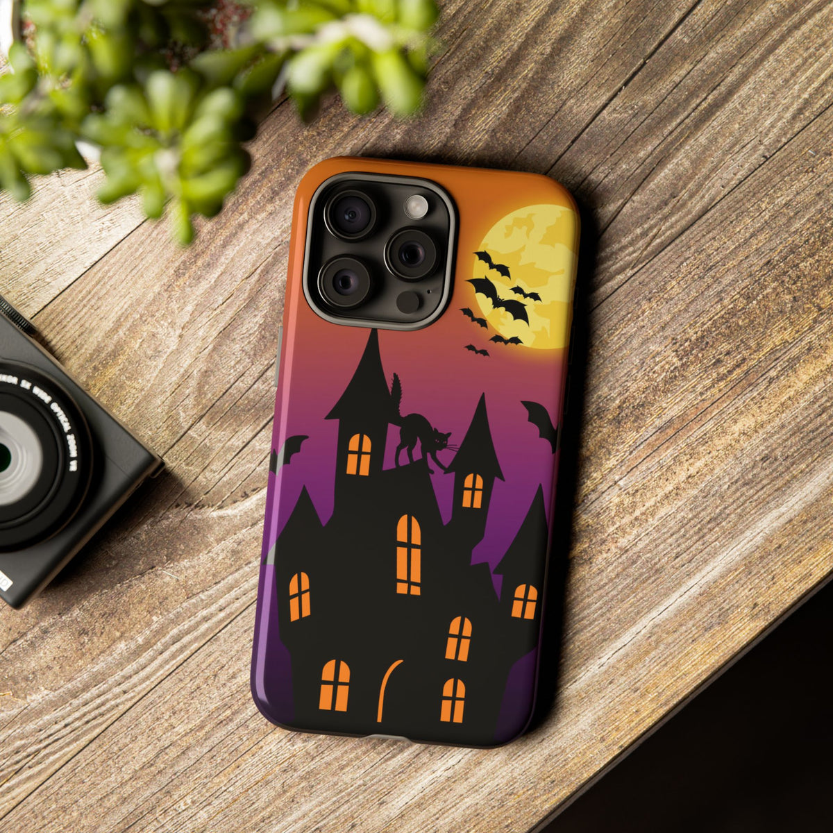 Halloween Haunted Castle Tough Phone Case — Moon, Bats & Cat iPhone Cover