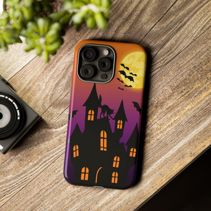 Halloween Haunted Castle Tough Phone Case — Moon, Bats & Cat iPhone Cover
