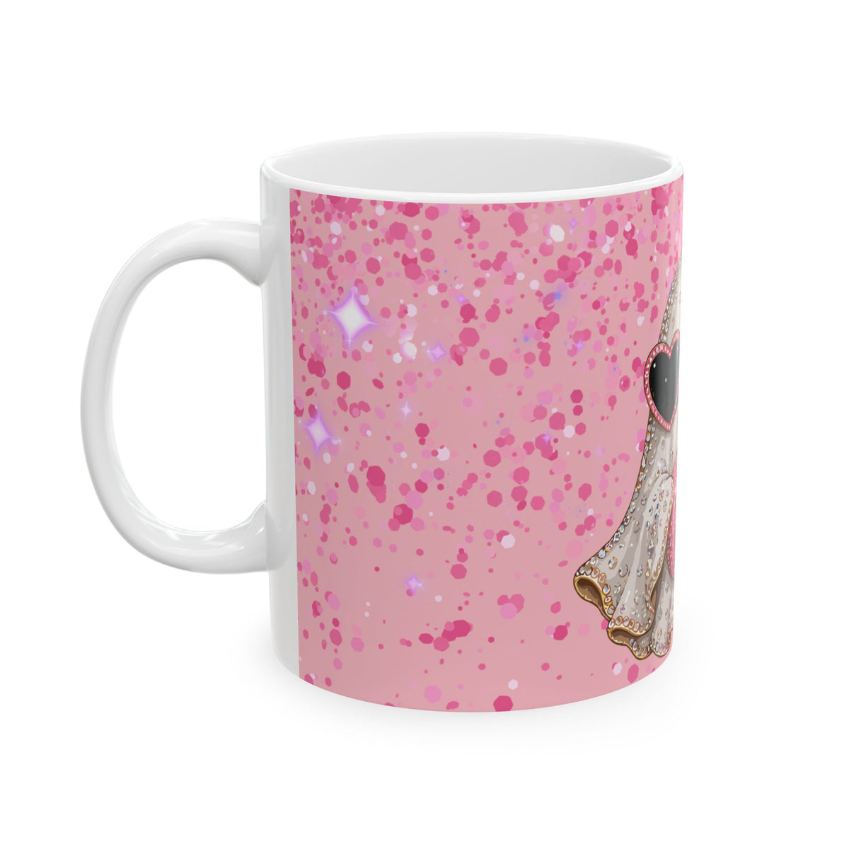 Pink Glitter Ghost Halloween Mug — Cute Ghost with Heart Sunglasses & Pumpkin
