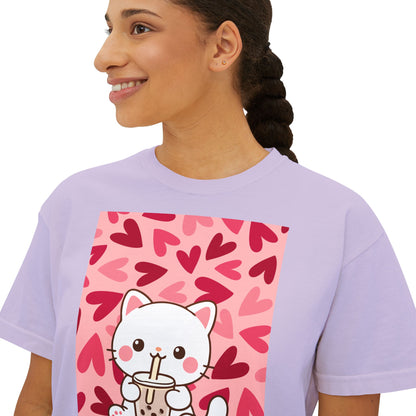 Cute Cat Bubble Tea Boxy Tee — Kawaii Heart Graphic Women's Crop T‑Shirt
