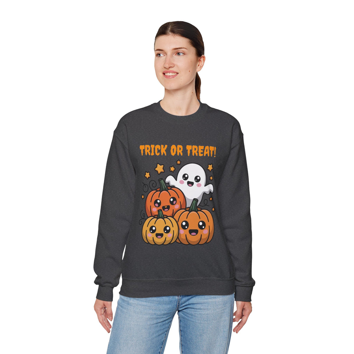 Halloween "Trick or Treat" Sweatshirt — Cute Ghost & Pumpkins Crewneck