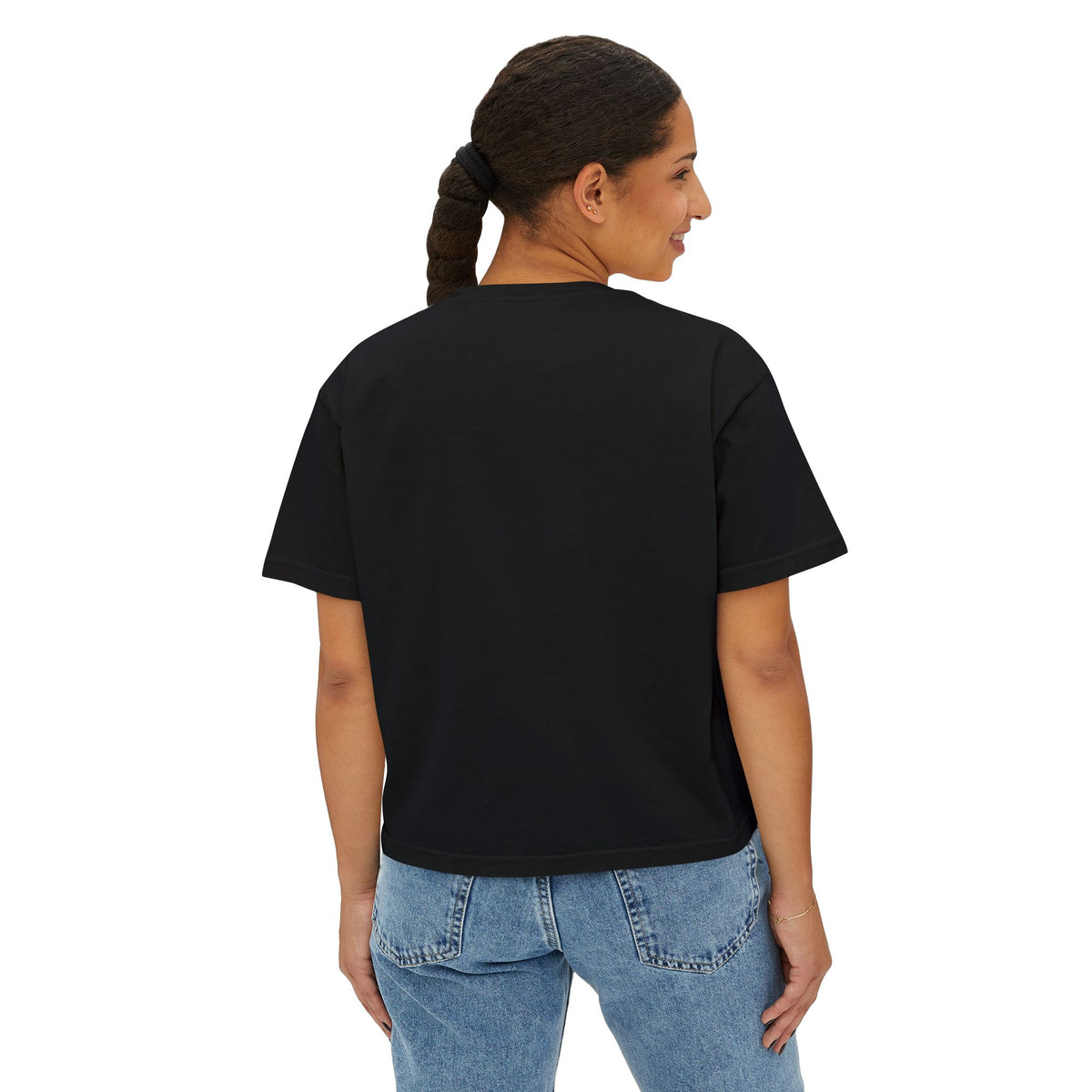 Cute Cat Bubble Tea Boxy Tee — Kawaii Heart Graphic Women's Crop T‑Shirt