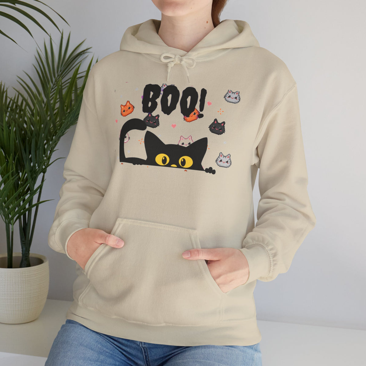 Halloween Cat 'Boo' Hoodie – Cute Spooky Black Cat Pullover