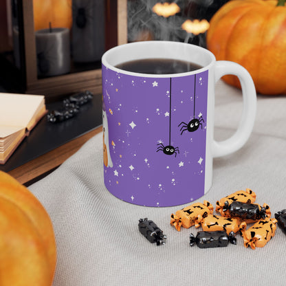 Halloween Ghost & Pumpkins Ceramic Mug — "Happy Halloween" Cute Spooky Coffee Cup (11oz/15oz)