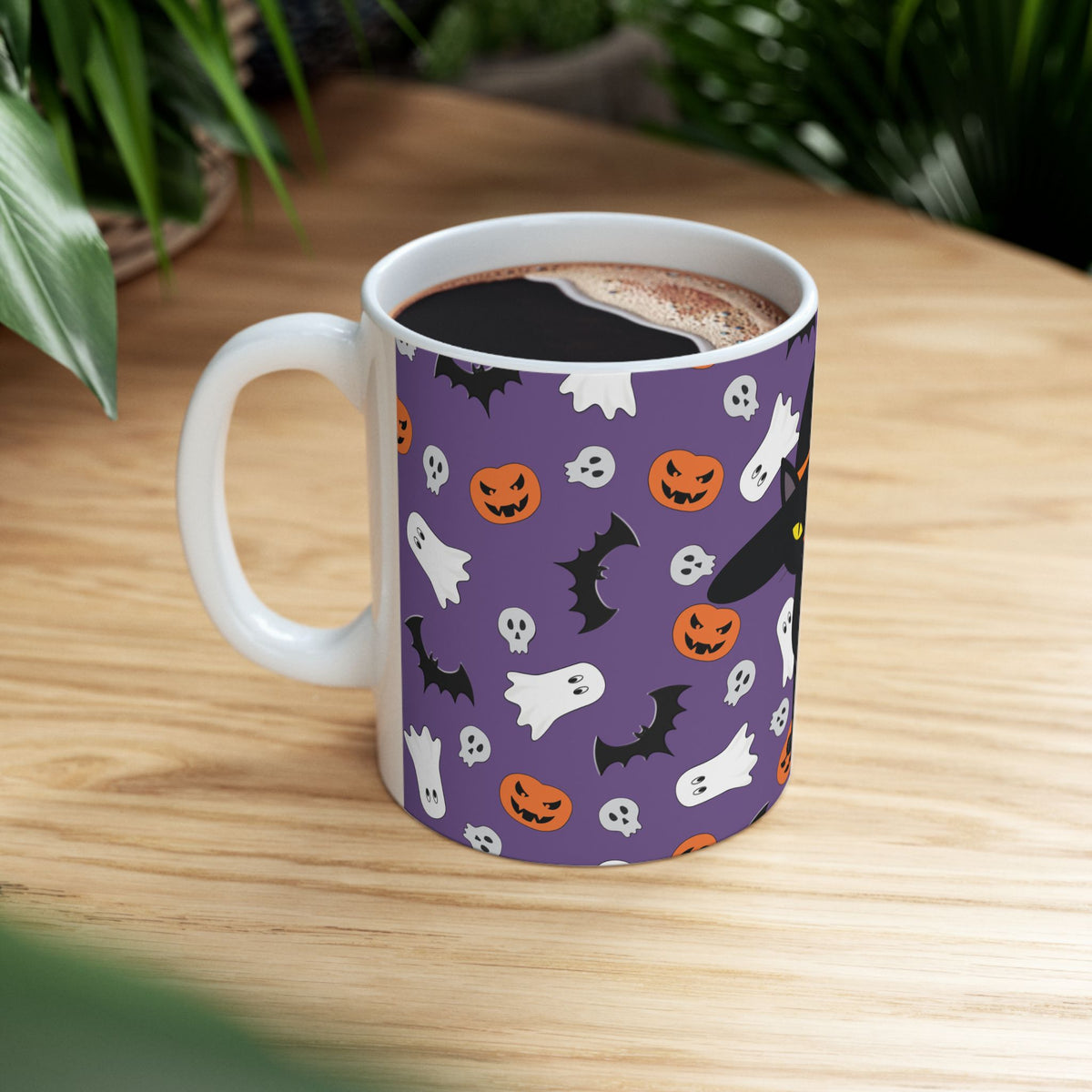 Halloween Black Cat Mug — Cute Witch Cat, Ghosts & Pumpkins Ceramic Coffee Cup (11oz/15oz)