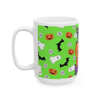 Happy Halloween Cat Pumpkin Mug — Cute Spooky Ghosts & Bats Ceramic Coffee Cup (15oz)