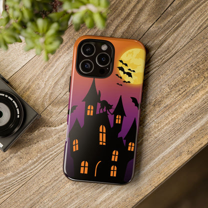 Halloween Haunted Castle Tough Phone Case — Moon, Bats & Cat iPhone Cover