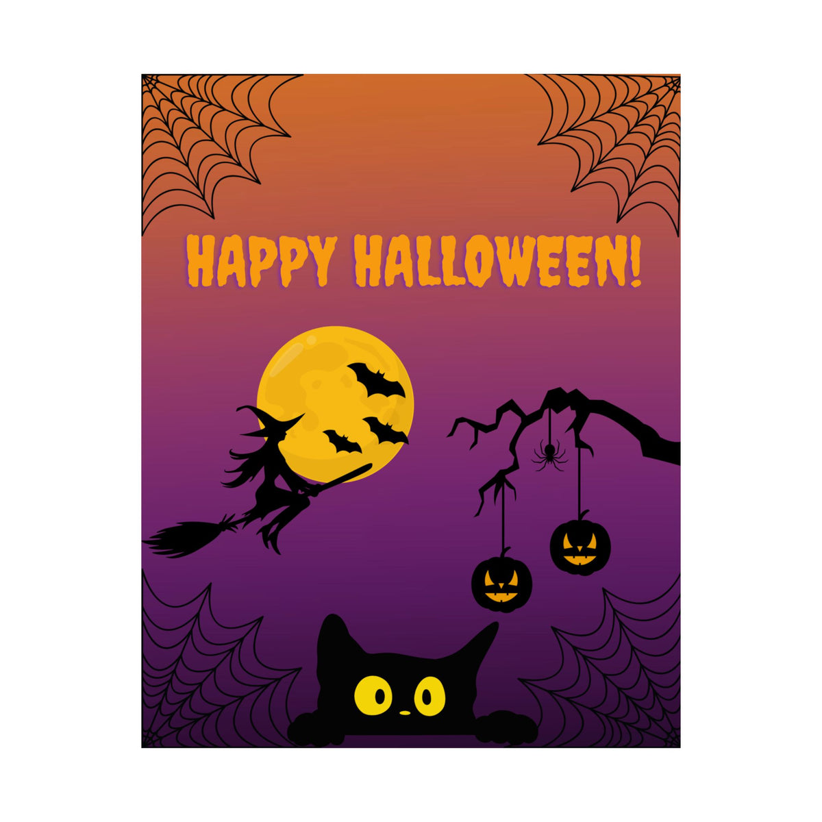 Happy Halloween Matte Poster — Cute Cat, Witch & Jack-O’-Lantern Halloween Wall Art