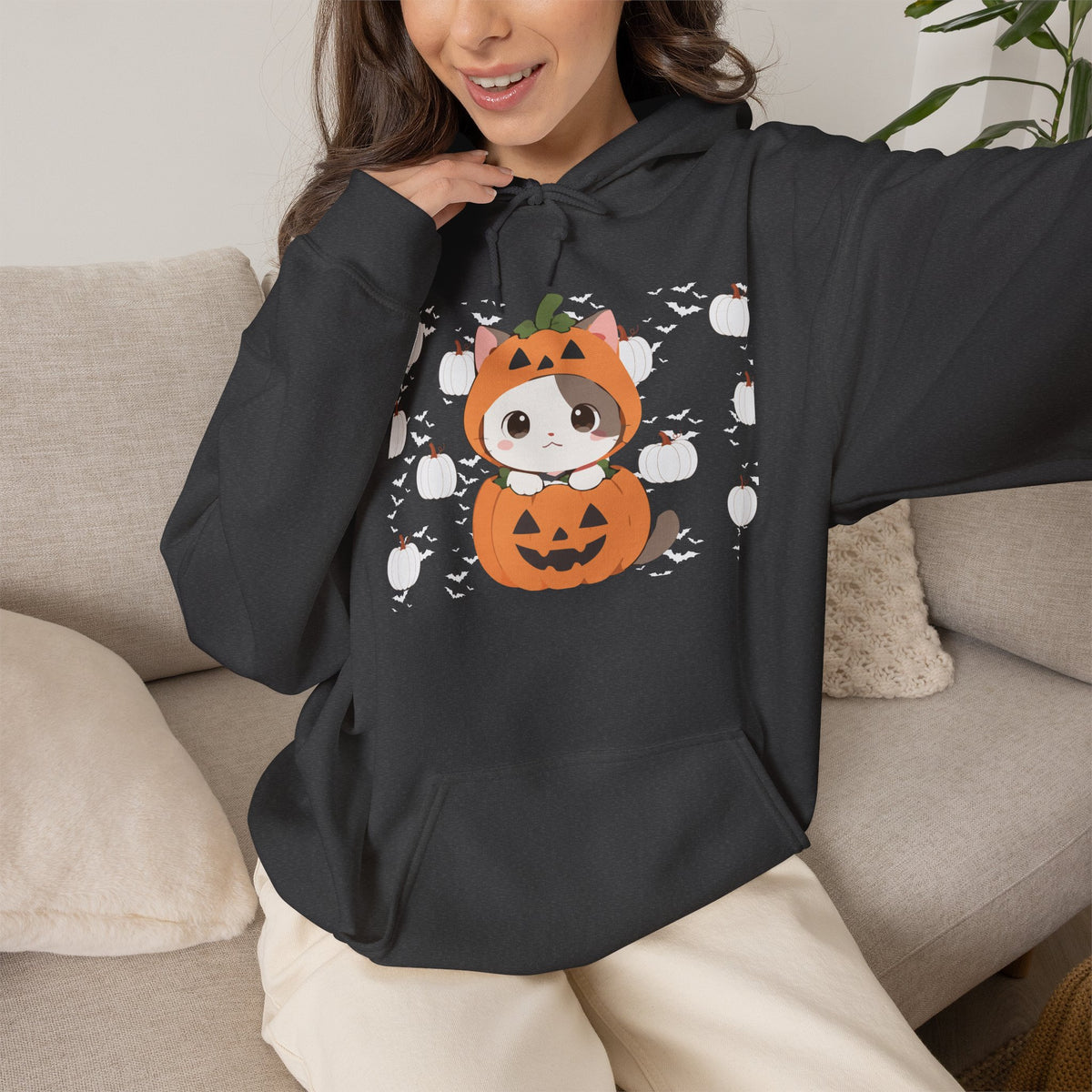 Halloween Pumpkin Cat Hoodie — Cute Jack-O'-Lantern Kitten Sweatshirt