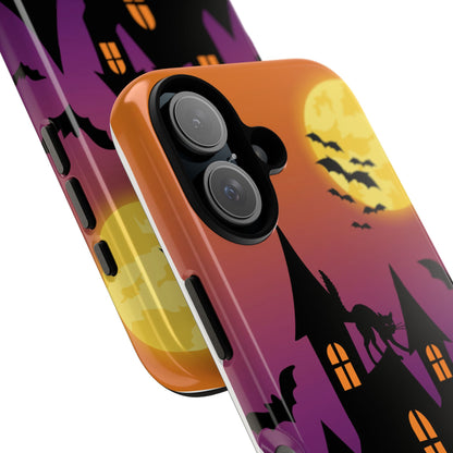 Halloween Haunted Castle Tough Phone Case — Moon, Bats & Cat iPhone Cover