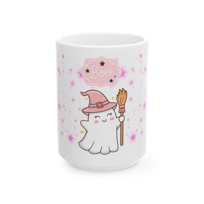 Cute Halloween Ghost Witch Ceramic Mug — "Boo" Cute Kawaii Magic Coffee Cup (11oz & 15oz)