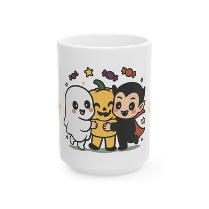 Cute Halloween Friends Ceramic Mug — Ghost, Pumpkin & Vampire Coffee Cup (11oz/15oz)