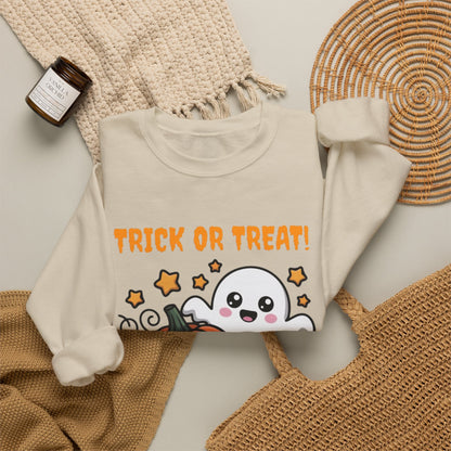 Halloween "Trick or Treat" Sweatshirt — Cute Ghost & Pumpkins Crewneck