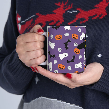 Halloween Black Cat Mug — Cute Witch Cat, Ghosts & Pumpkins Ceramic Coffee Cup (11oz/15oz)