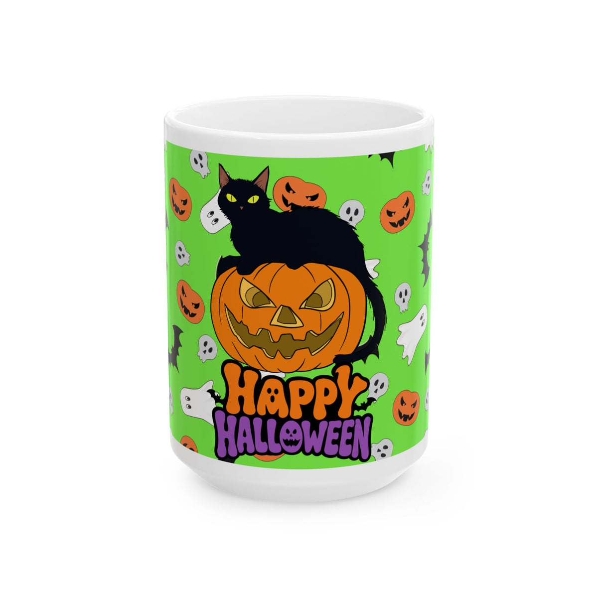 Happy Halloween Cat Pumpkin Mug — Cute Spooky Ghosts & Bats Ceramic Coffee Cup (15oz)