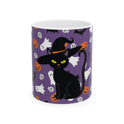 Halloween Black Cat Mug — Cute Witch Cat, Ghosts & Pumpkins Ceramic Coffee Cup (11oz/15oz)