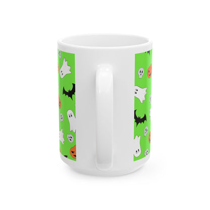 Happy Halloween Cat Pumpkin Mug — Cute Spooky Ghosts & Bats Ceramic Coffee Cup (15oz)